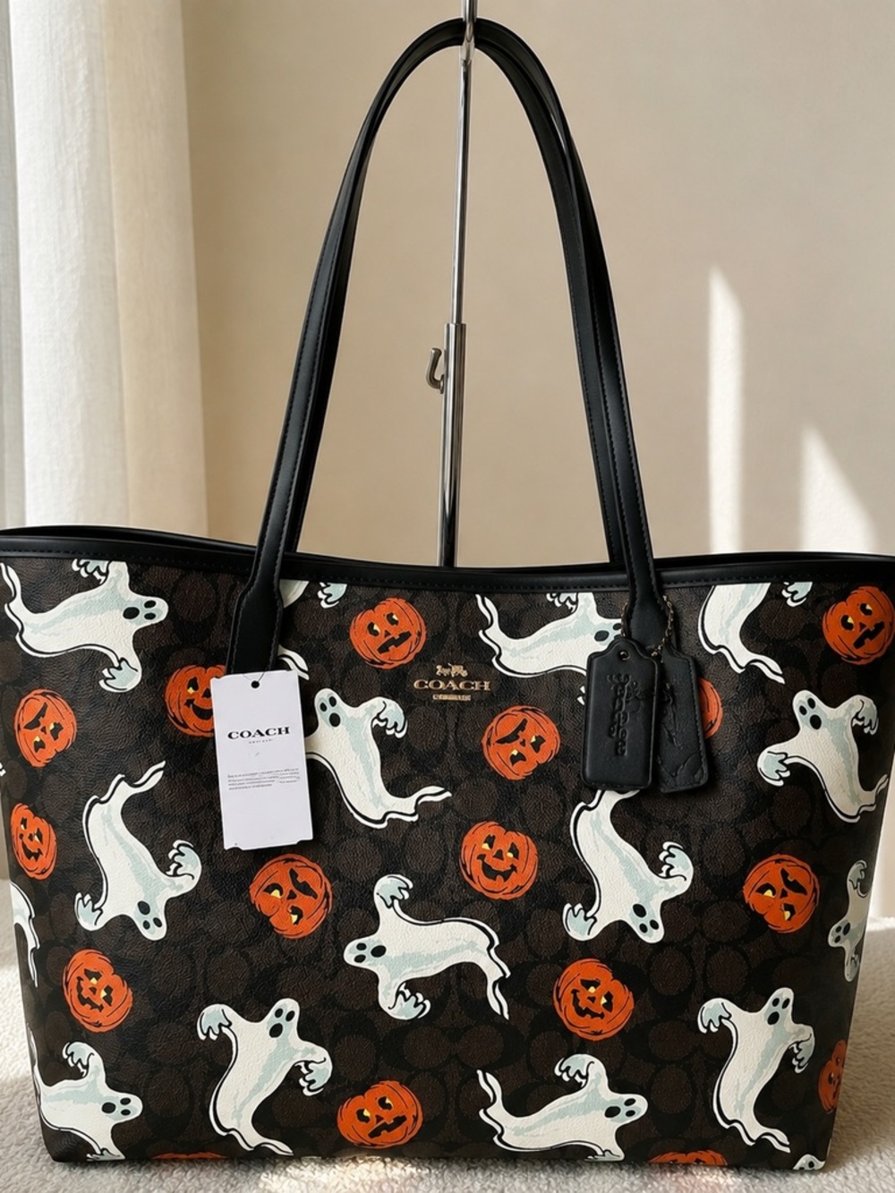 Coach Black Tote with Orange Pumpkin & White Ghost Print